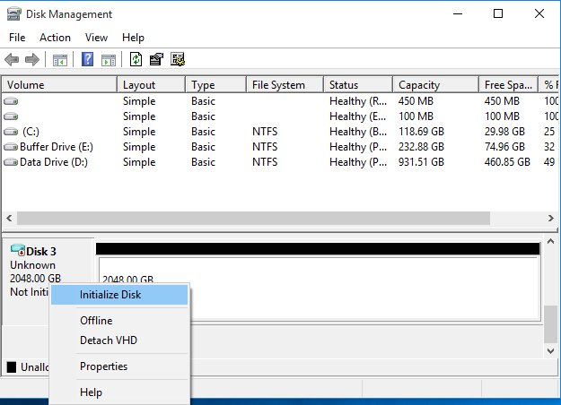 Right click on the drive, select "Initialize Disk".