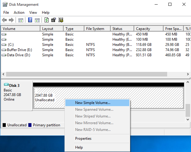 Right click on the area with the black top bar. Select "New Simple Volume".