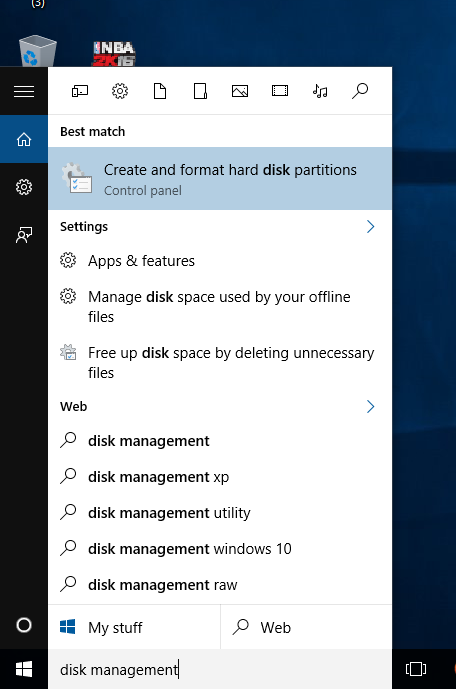 On Windows, go to Start menu and search for "Disk Management".