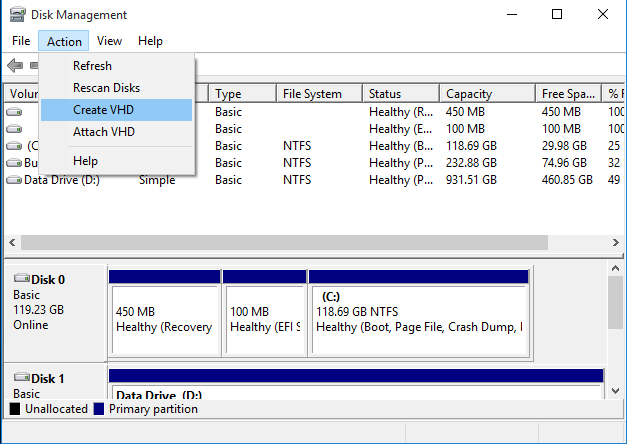 In the menu bar, click "Action" -&gt; "Create VHD".