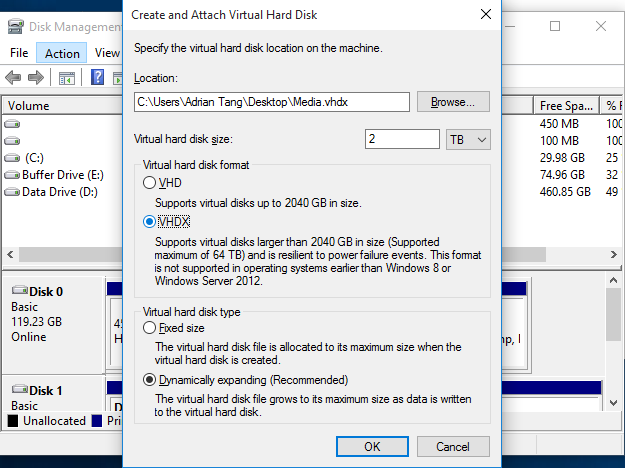 Select the network drive path as the location. (I saved it to my Desktop, and moved the file to the network drive.) Choose either VHD or VHDX. I chose VHDX because I have no PC having Windows 8 or older. Choose the recommended setting for "virtual hard disk type".